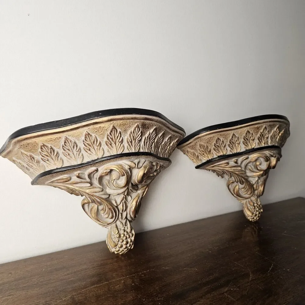 Vintage Pair of Italian-Style Wall Sconce Shelves – Distressed Ivory & Gold